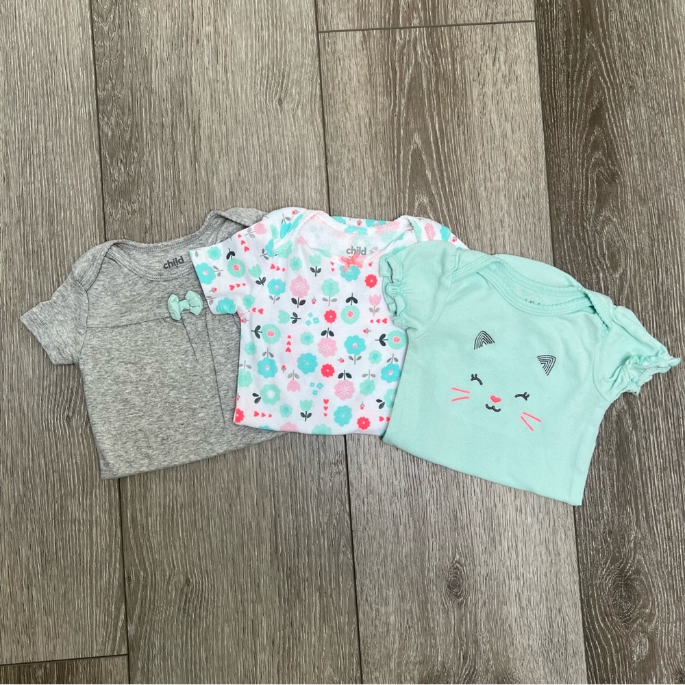 CARTERS 3PC SHORT SLEEVE BODYSUITS GREY BLUE CAT 18MO
